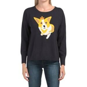 French Connection Sweater Corgi Dog Women's Small Navy Blue Crewneck New Crowned